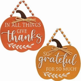 *Beaded Pumpkin Wood Sign 2 Asstd.