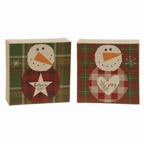 *Believe Or Joy Plaid Snowman Box Sign 2 Asstd.