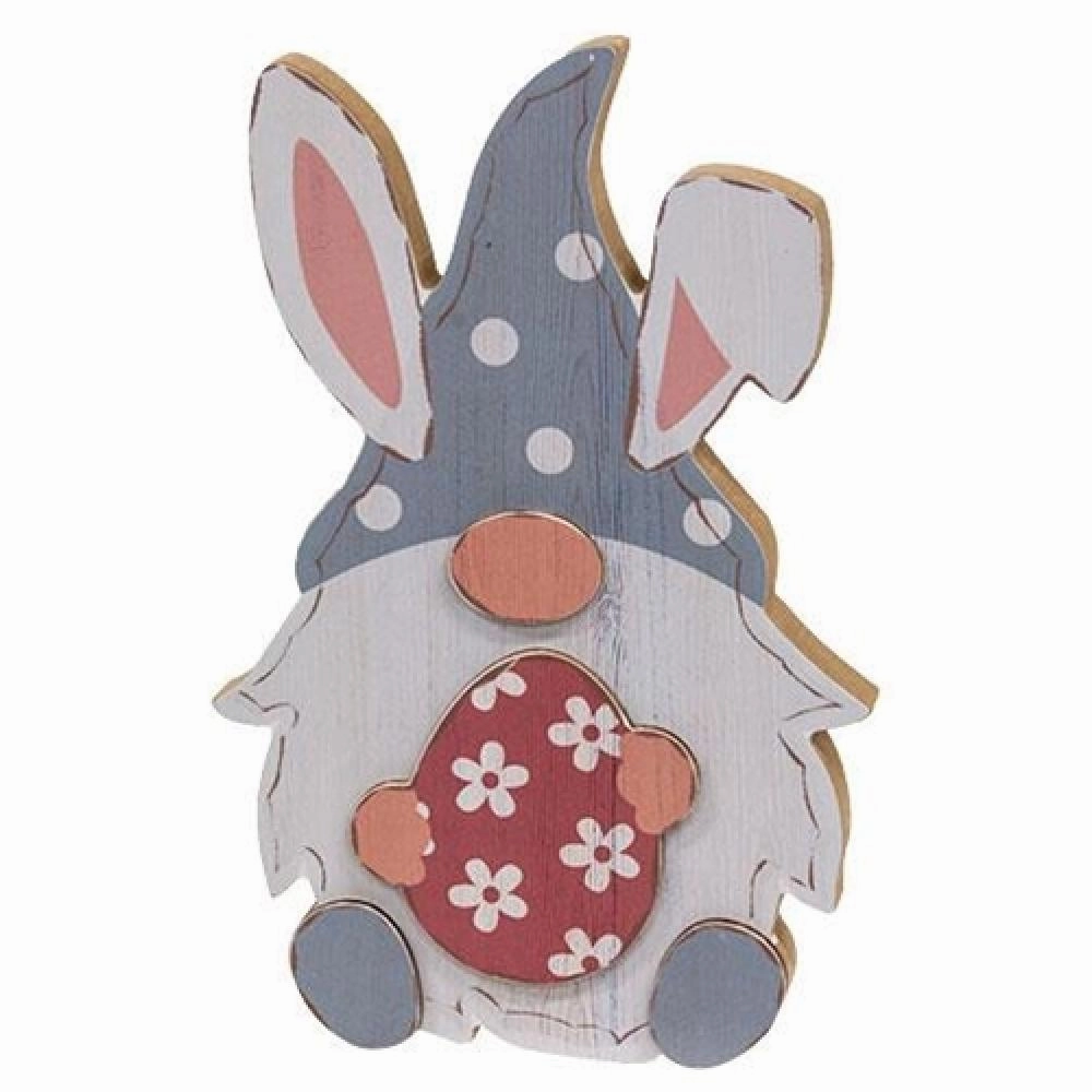 *Blue Gnome Bunny  with Egg Wood Sitter