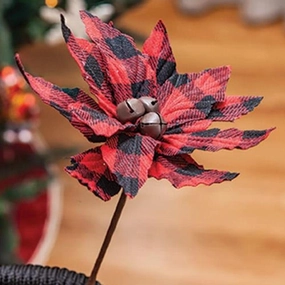 *Buffalo Check Jingle Bell Poinsettia Stem 7"