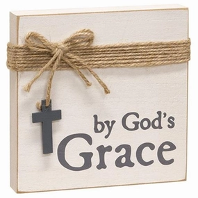 *By God's Grace Square Block w/Jute & Cross Charm