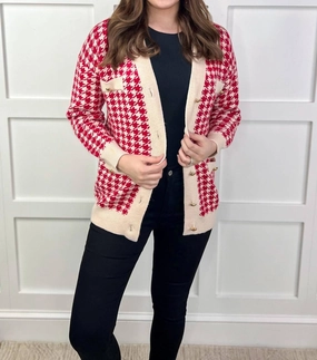 "welcome To New York" Houndstooth Sweater In Red/cream