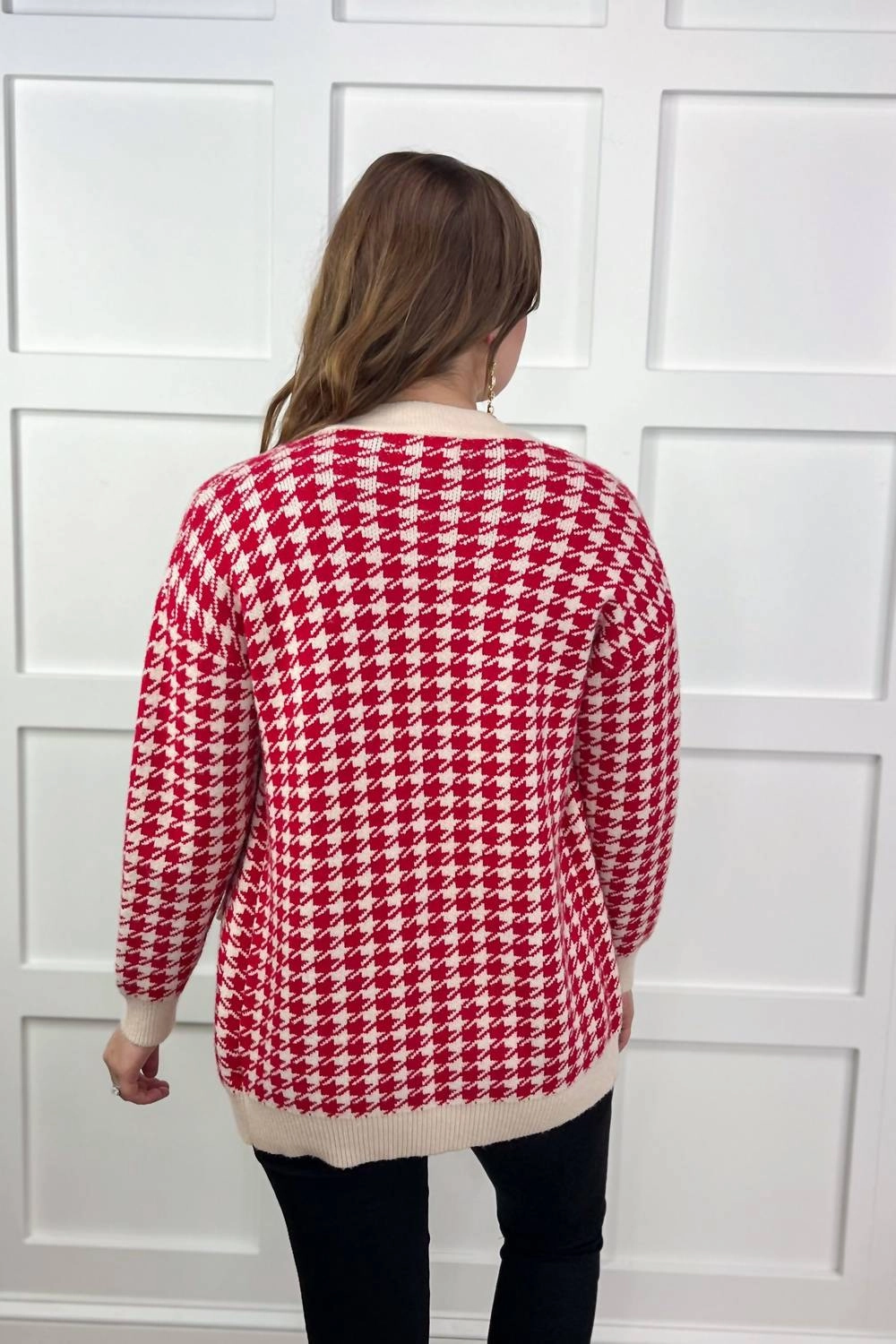 "welcome To New York" Houndstooth Sweater In Red/cream