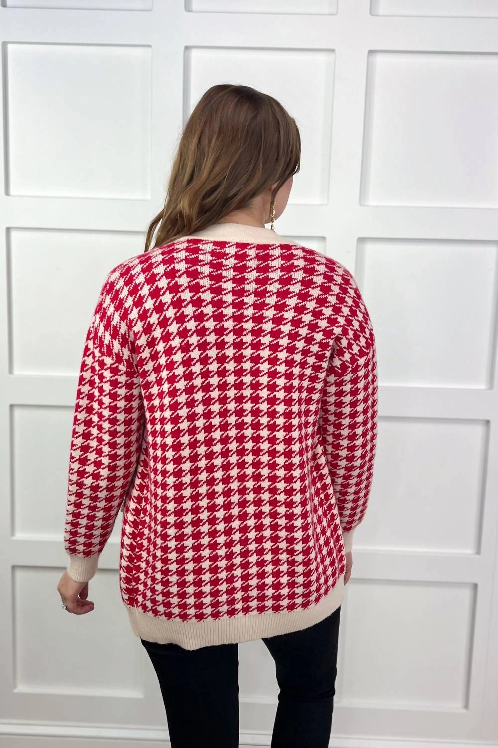 "welcome To New York" Houndstooth Sweater In Red/cream