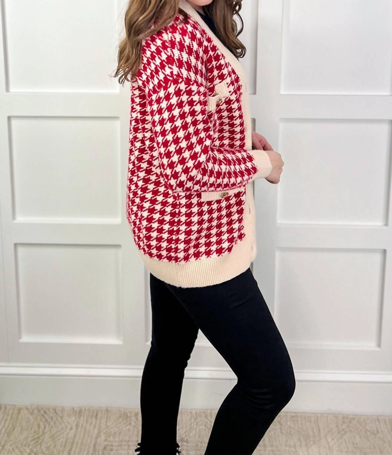 "welcome To New York" Houndstooth Sweater In Red/cream