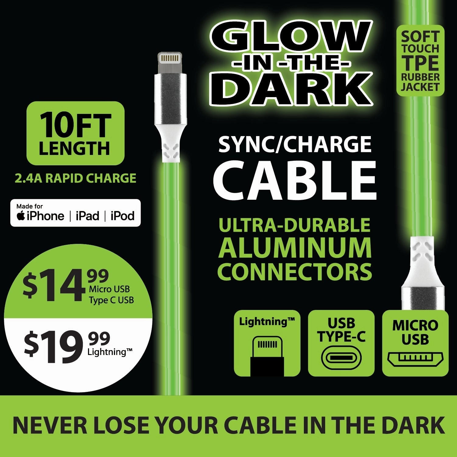 Charging Cable Glow in The Dark Assortment 10FT 2.4 Amp - 6 Pieces Per Retail Ready Display 88295