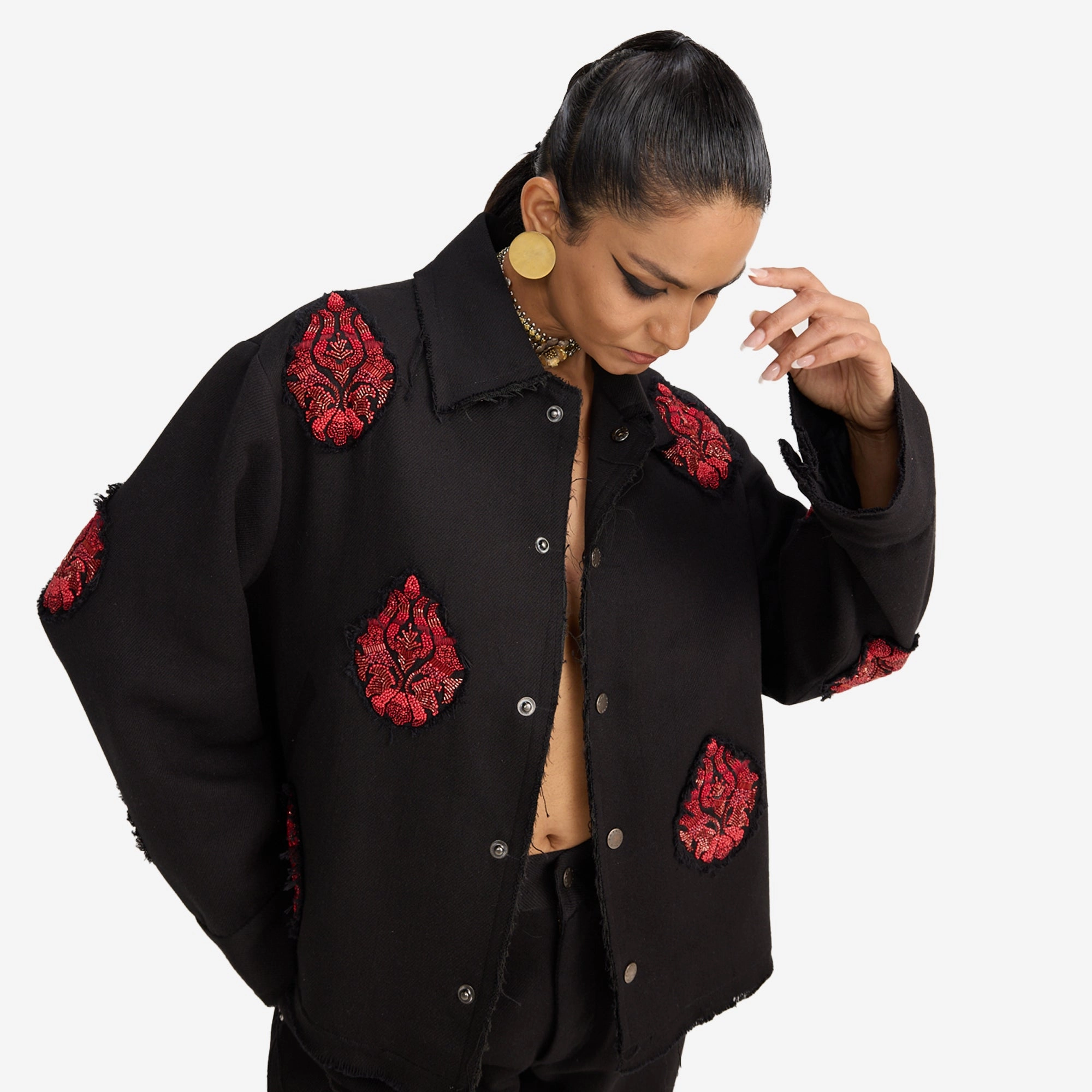 F A R A K | HAND EMBRIODERED JACKET { BLACK/BLACK