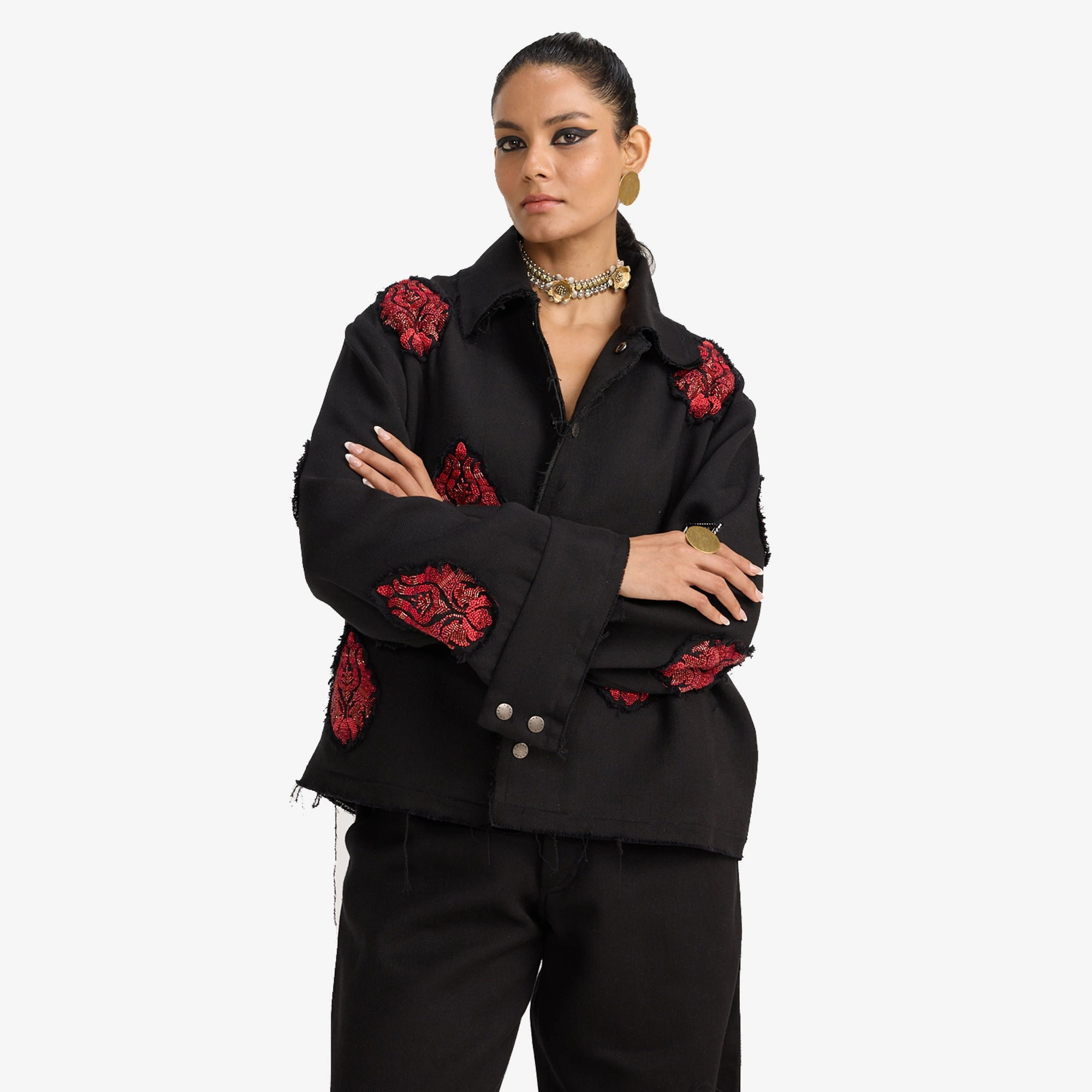 F A R A K | HAND EMBRIODERED JACKET { BLACK/BLACK