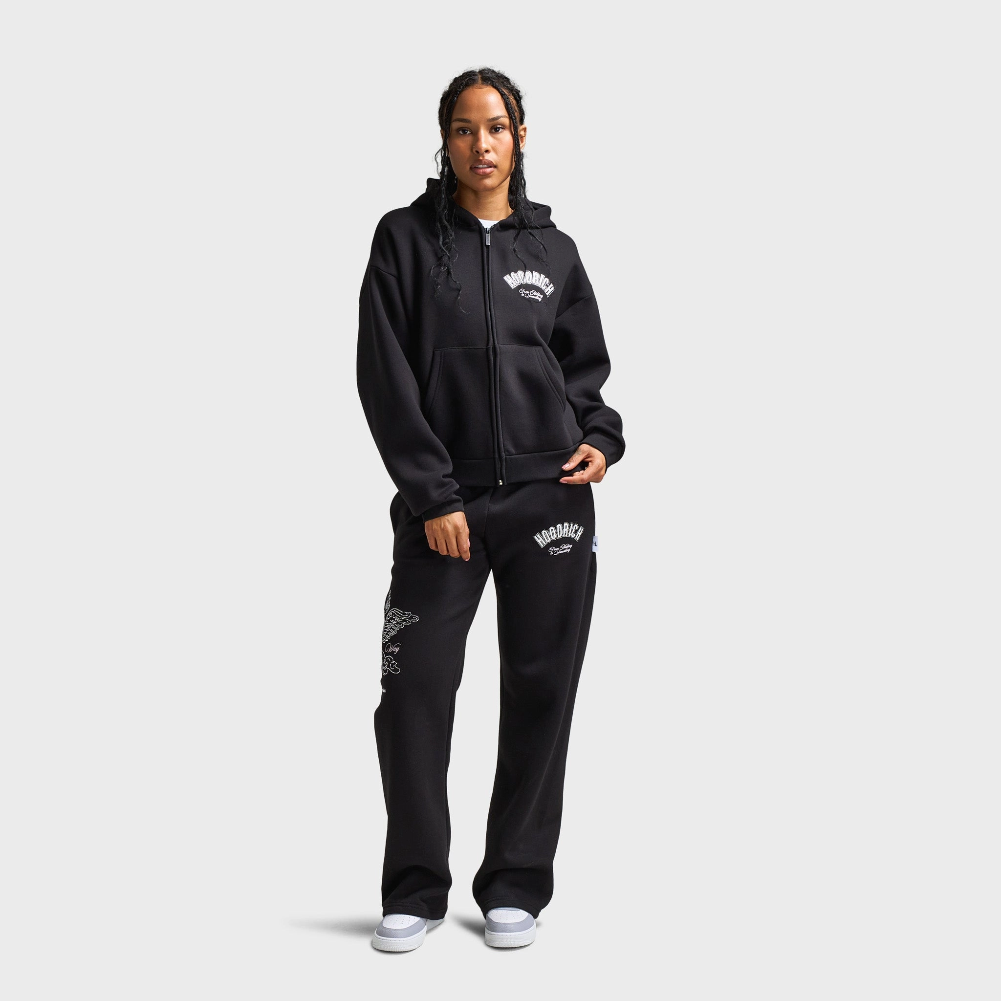Hoodrich Women's Cherish Mid Length Full Zip Hoodie Black / White - Festival Bloom