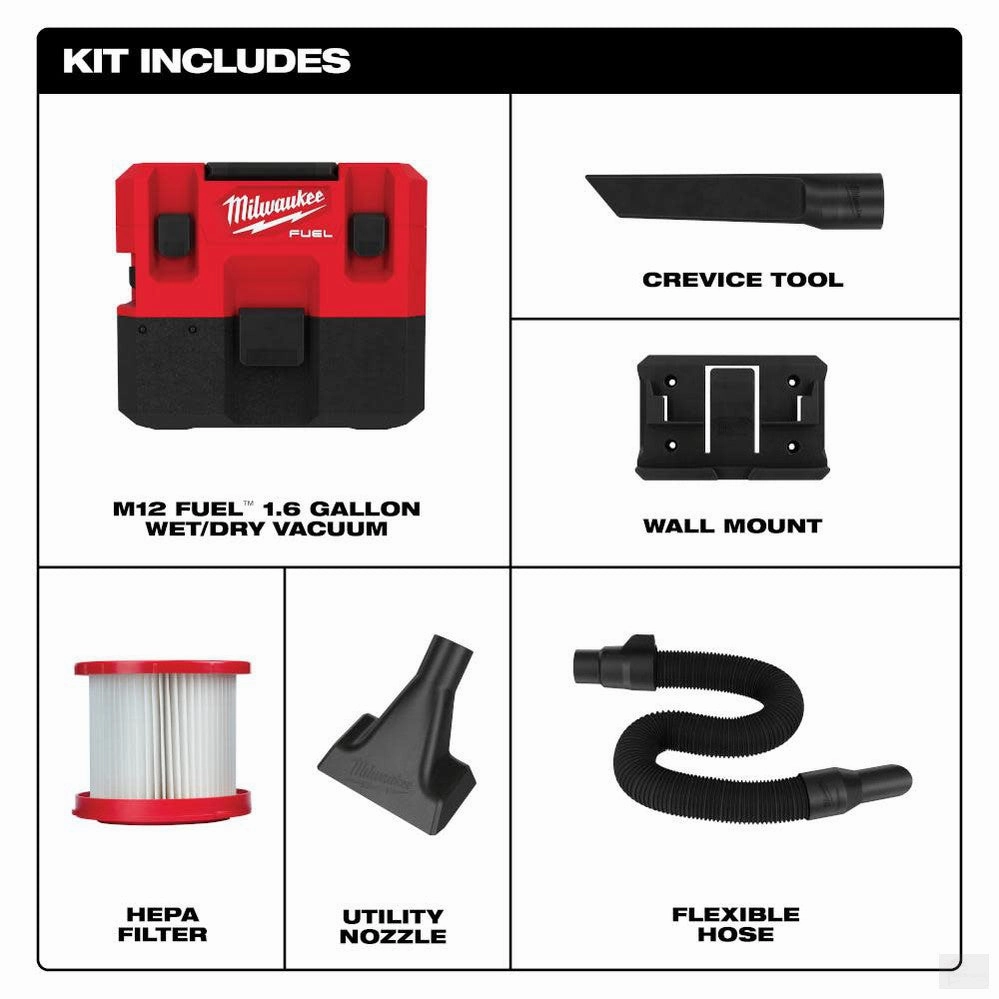 Milwaukee M12 FUEL 1.6 Gallon Wet/Dry Vacuum [0960-20]
