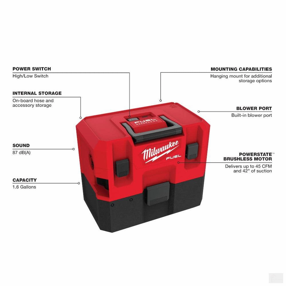 Milwaukee M12 FUEL 1.6 Gallon Wet/Dry Vacuum [0960-20]
