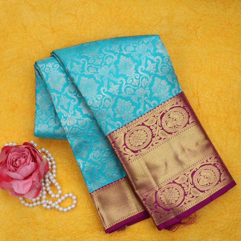 Sky Blue Kanjivaram Silk Saree With Floral Jaal Design