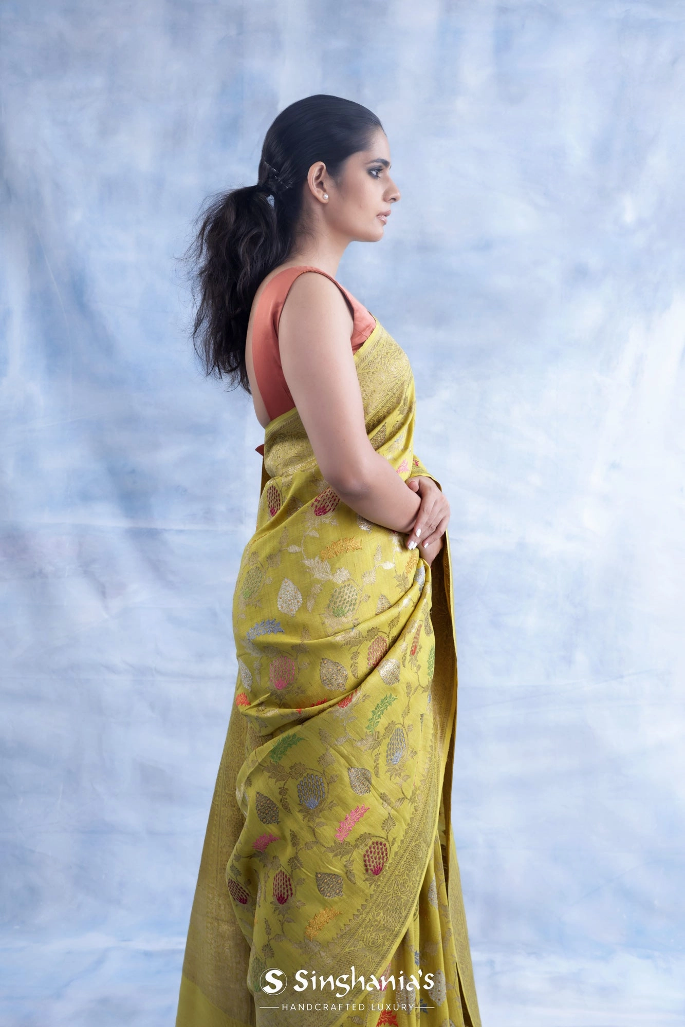 Sulfur Yellow Tussar Jamdhani Saree With Floral Jaal