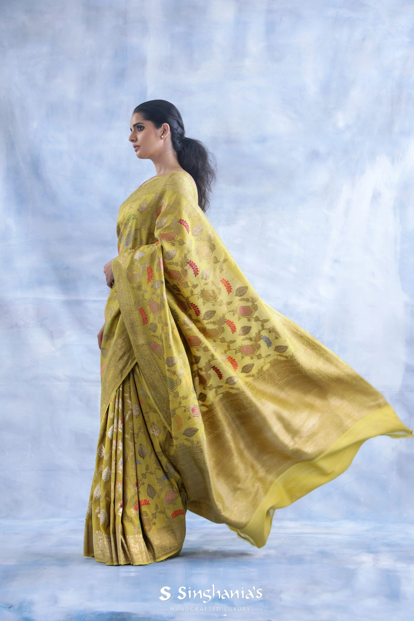 Sulfur Yellow Tussar Jamdhani Saree With Floral Jaal