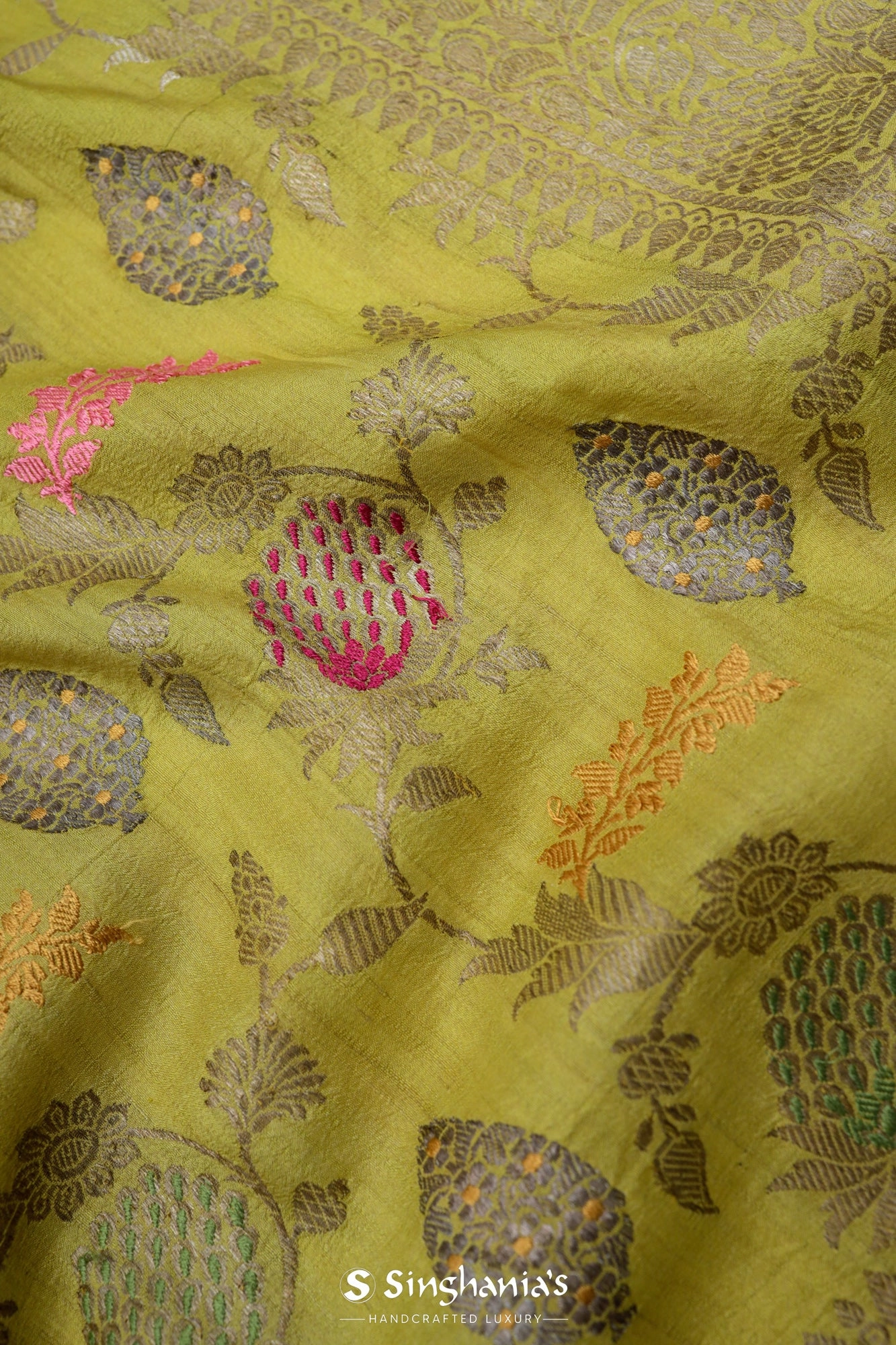 Sulfur Yellow Tussar Jamdhani Saree With Floral Jaal