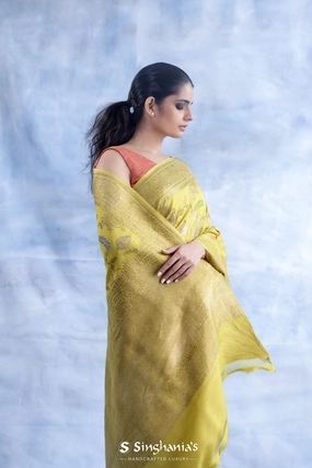 Sulfur Yellow Tussar Jamdhani Saree With Floral Jaal