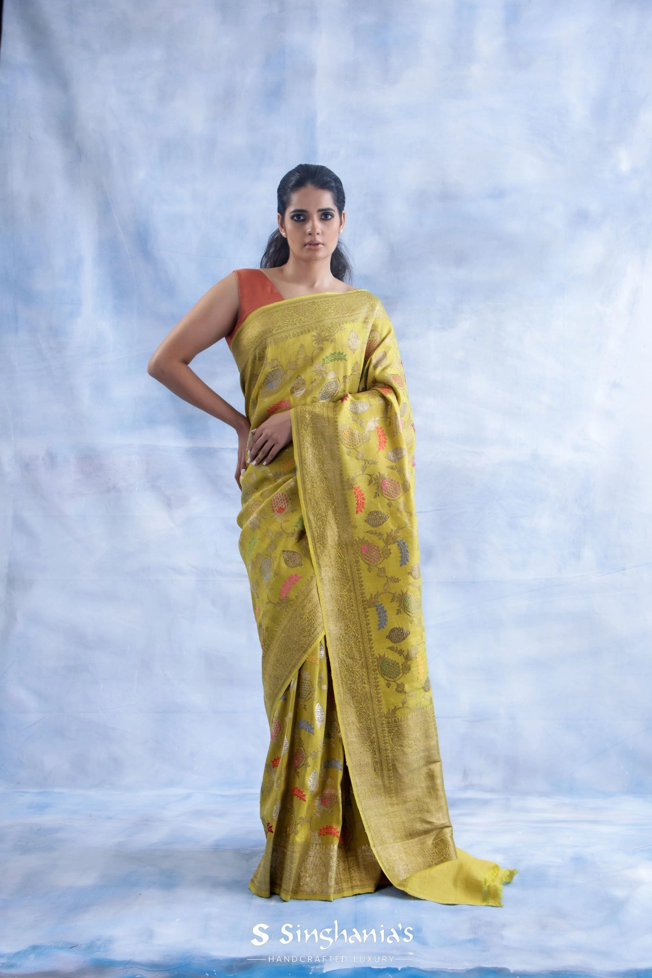 Sulfur Yellow Tussar Jamdhani Saree With Floral Jaal