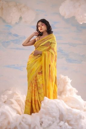 Yellow Orange Handcrafted Crepe Saree With Badla Embroidery
