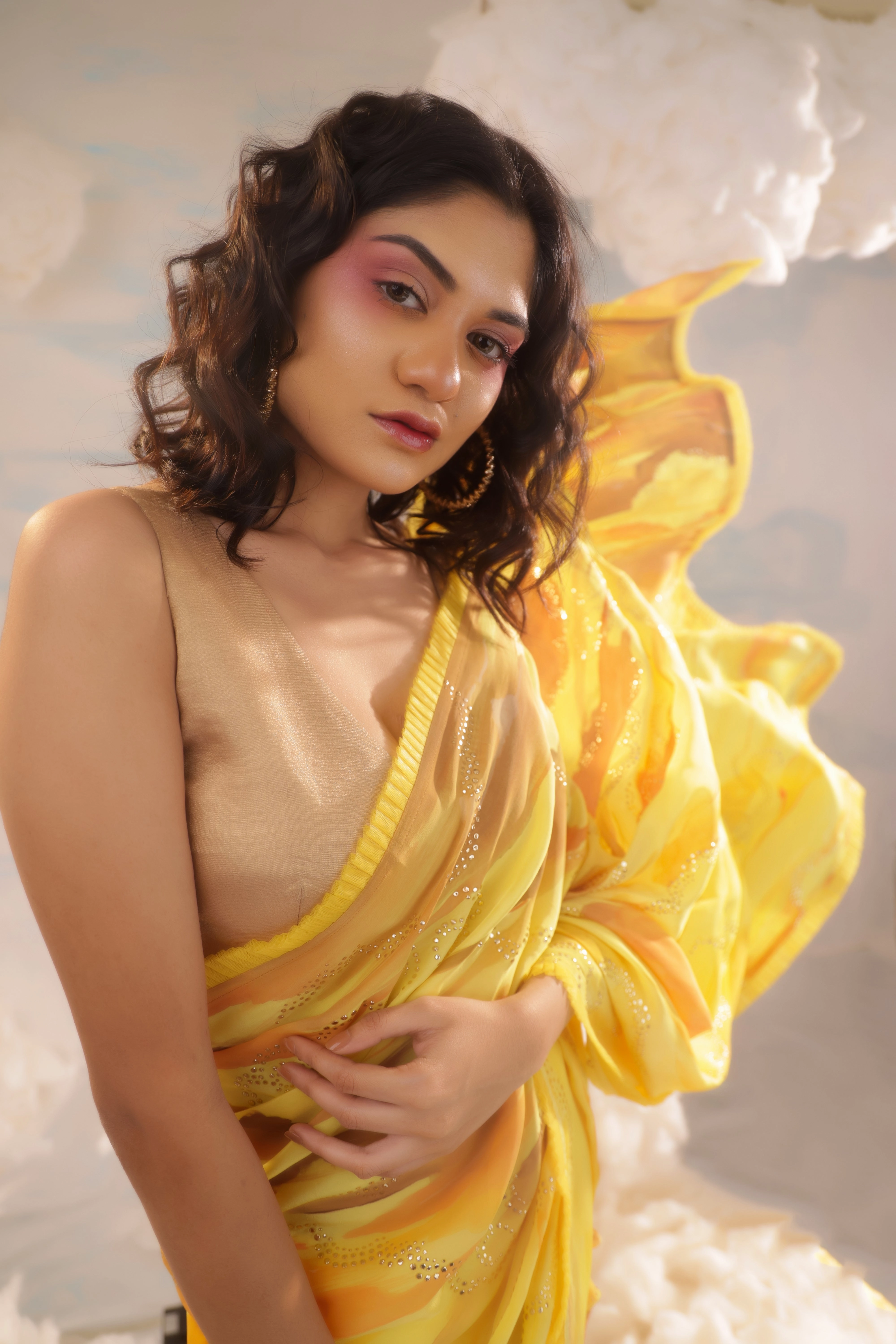 Yellow Orange Handcrafted Crepe Saree With Badla Embroidery