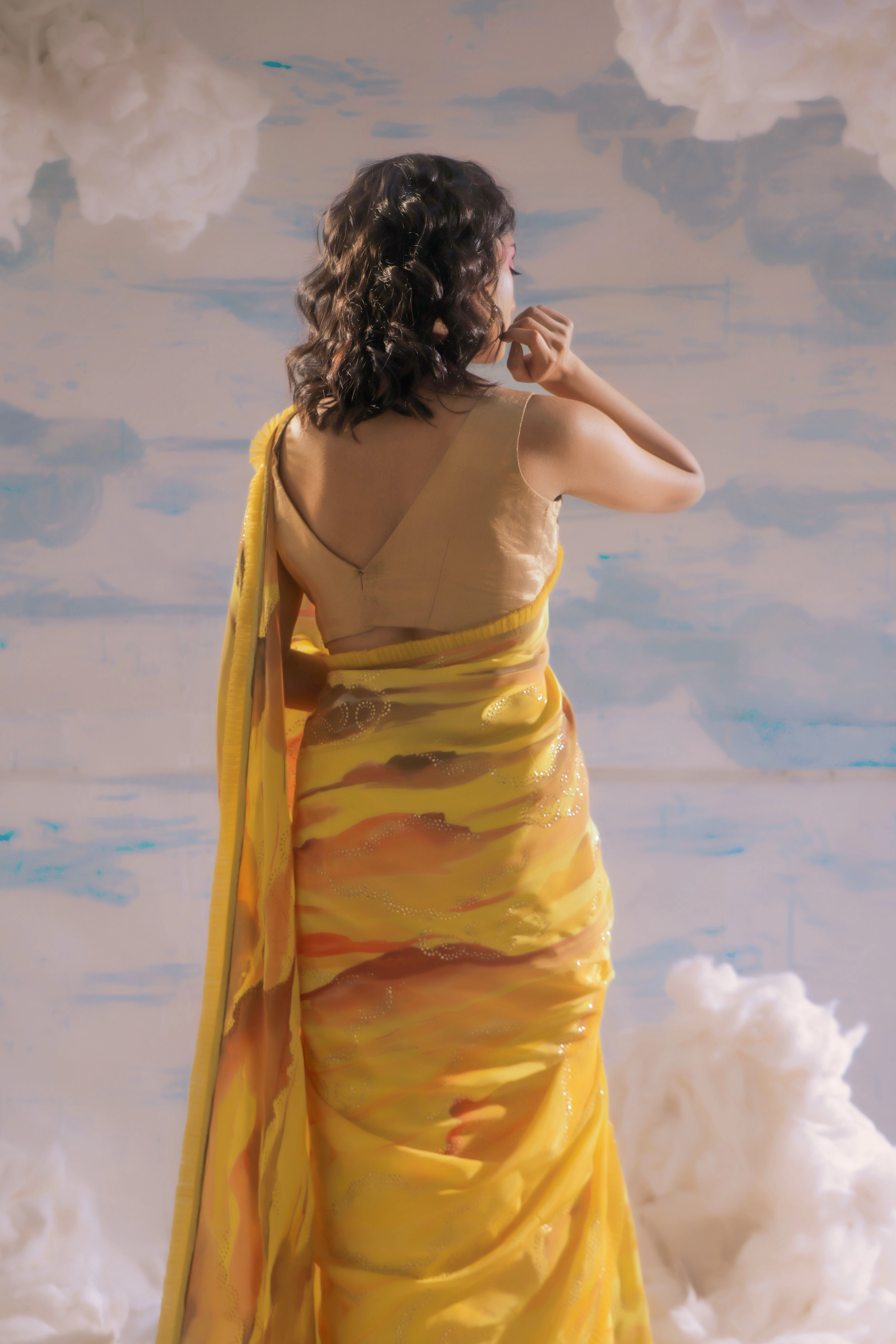 Yellow Orange Handcrafted Crepe Saree With Badla Embroidery